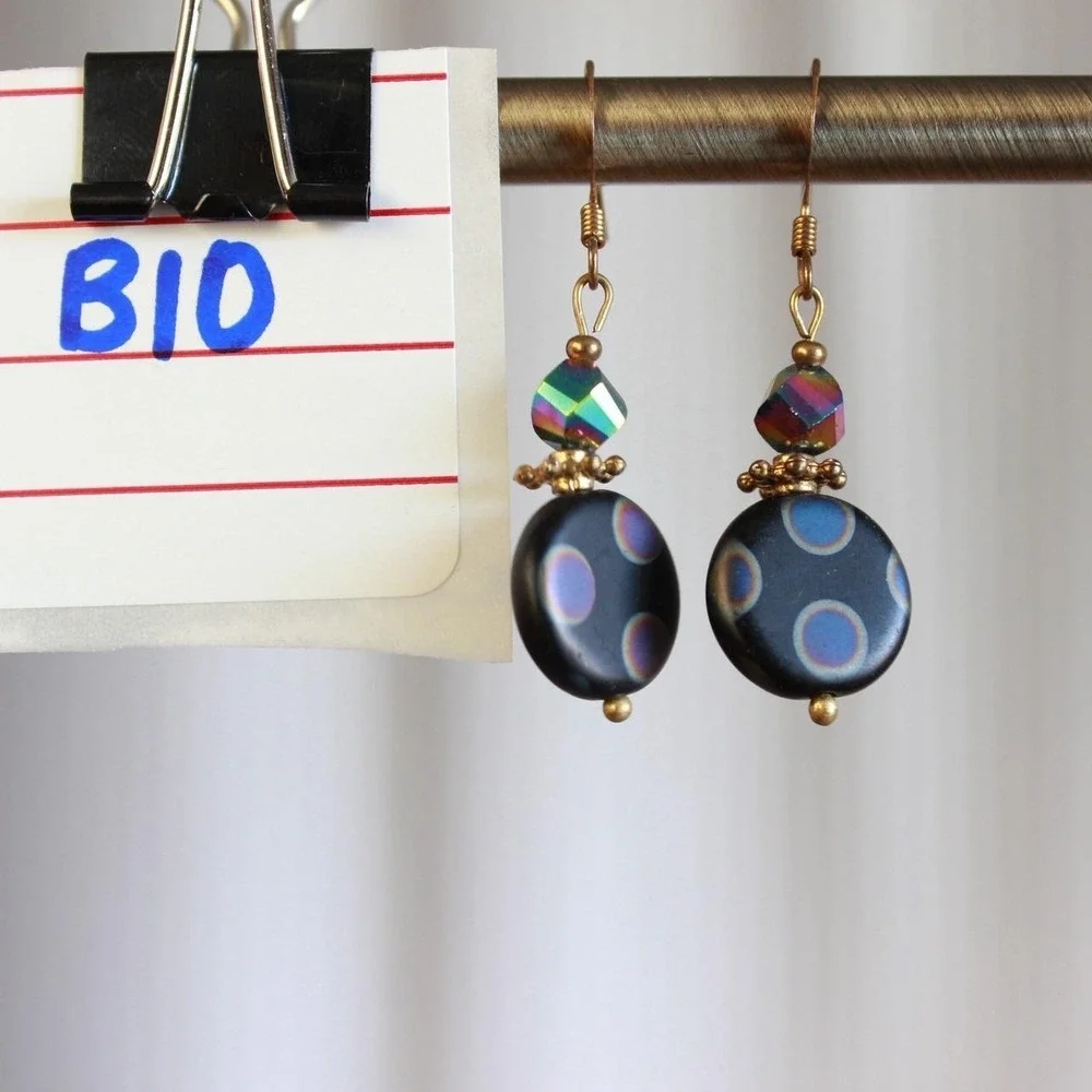 Handmade‎ Black Polka Dot Dangle Earrings Iridescent Beads Funky Unique Quirky